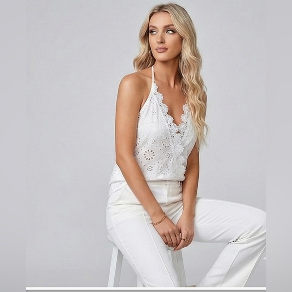 Boho Halter Eyelet Embroidered Top White - Picture 4 of 10